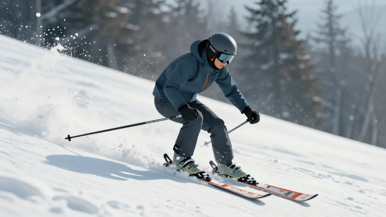 Zkušený lyžař používá svěrák – obě běžky v tvaru V s hranami zakousnutými do sněhu.