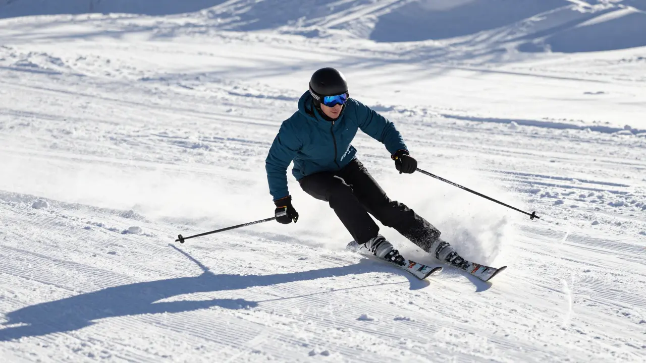 Zkušený lyžař provádí bruslení na hladké dráze, jedna lyže v úhlu, hůlky tlačí dozadu.