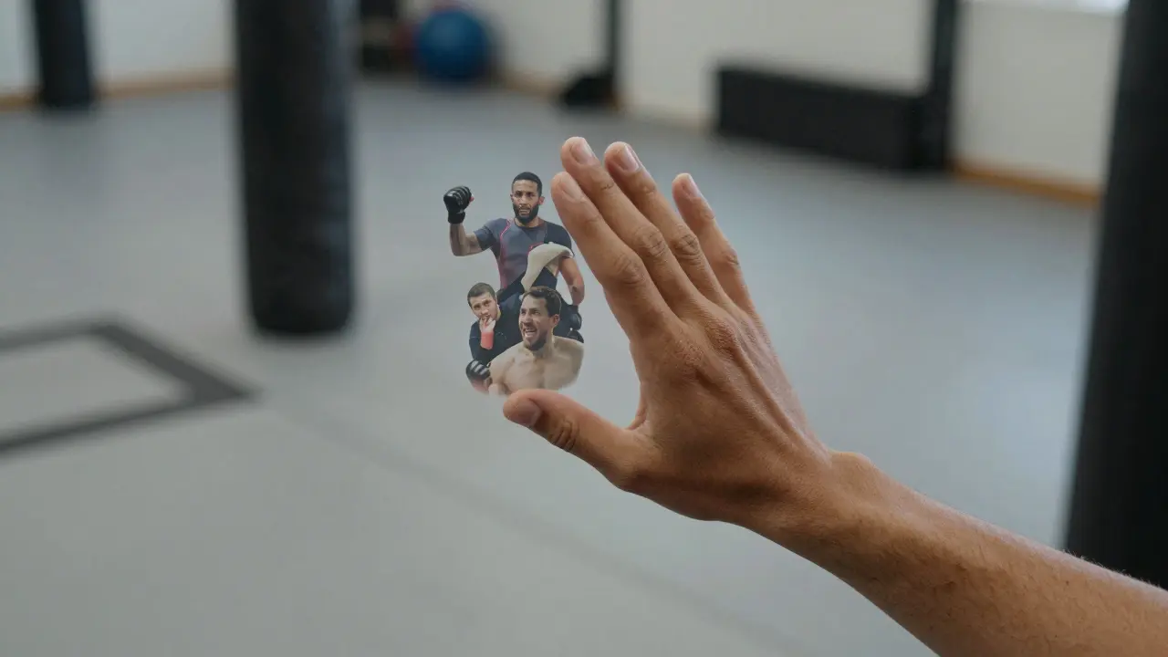 Zrcadlo odrazující místo tváře symbolické MMA techniky – síla, dýchání a odhodlání.