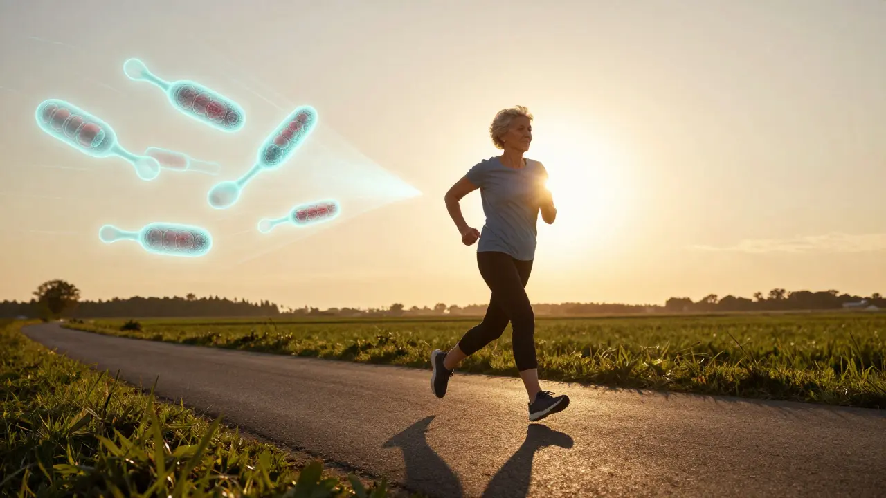 68letá žena běží při západu slunce, její tělo je spojeno s viditelným proudem buněčné energie.