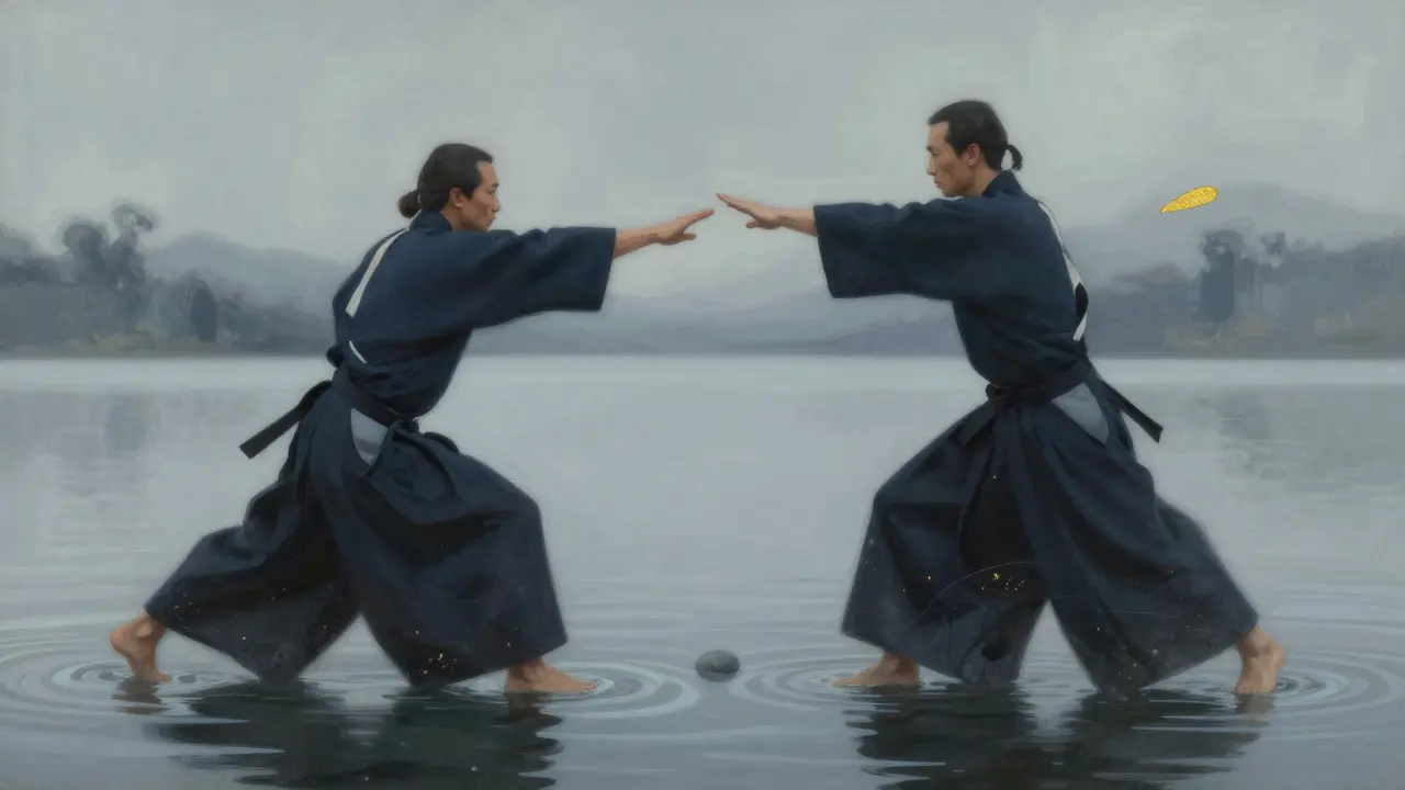 Abstract art showing two figures merging into one flowing form, symbolizing harmony over conflict in aikido.