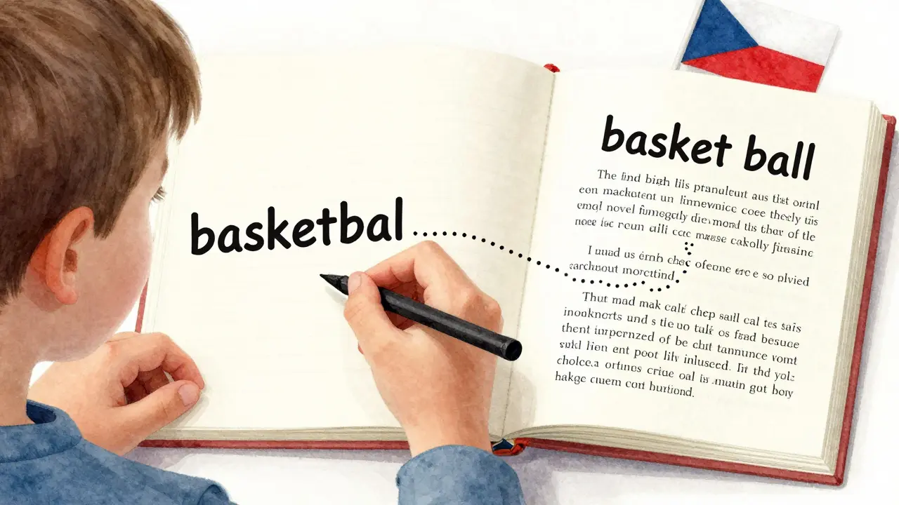 Dítě píše slovo 'basketbal' do sešitu, vedle leží anglická verze 'basket ball'.