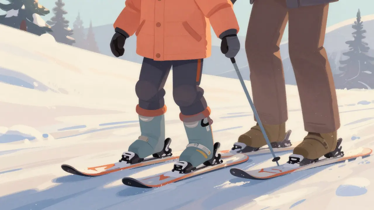 Dítě s lyžemi až ke kolenům na mírném svahu.