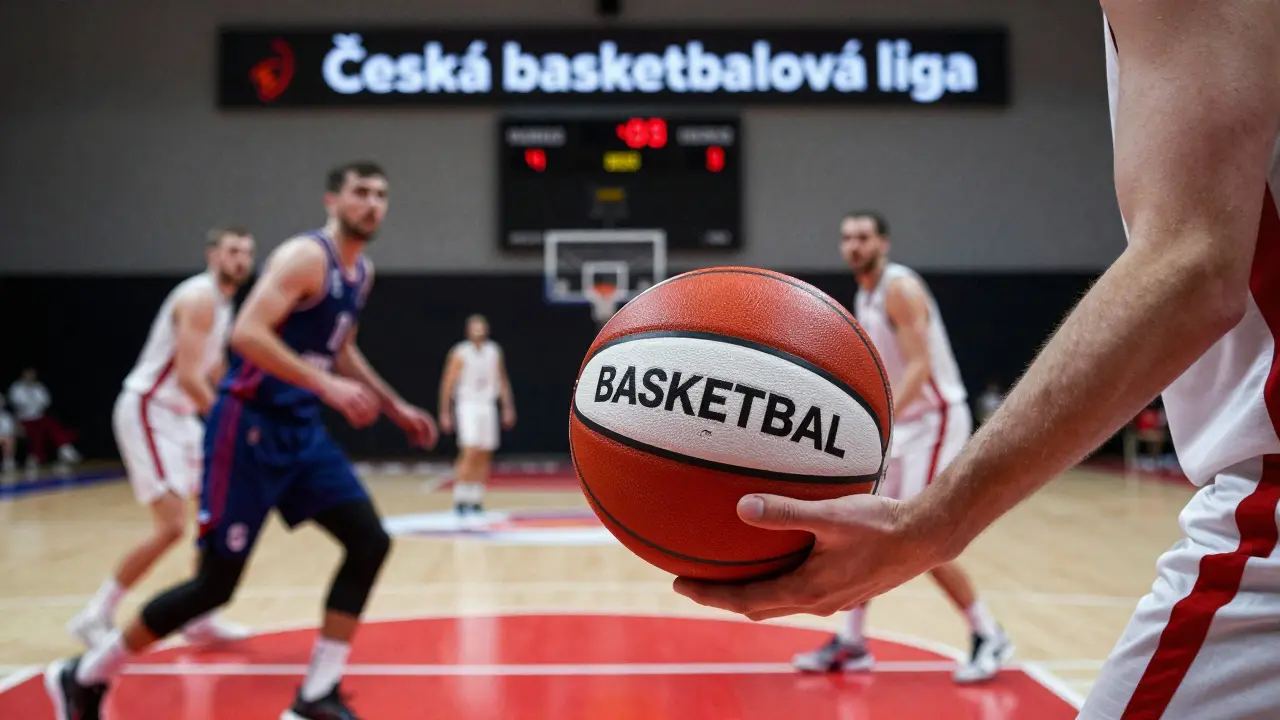 Hráči hrají basketbal na courtu v Praze, na míči je vyznačeno 'BASKETBAL'.