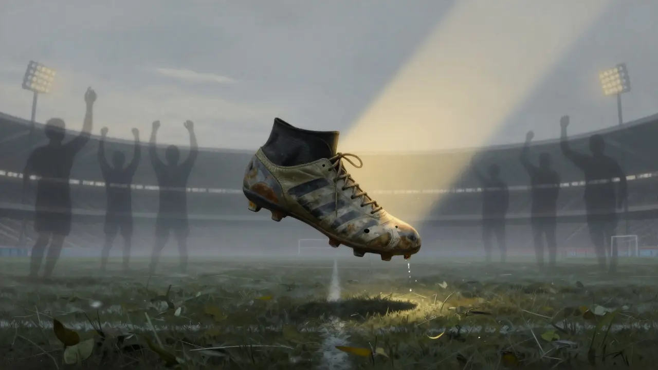 Jedna stará fotbalová boty visí ve vzduchu nad opuštěným hřištěm, zatímco stíny fanoušků zmizí v mlze.