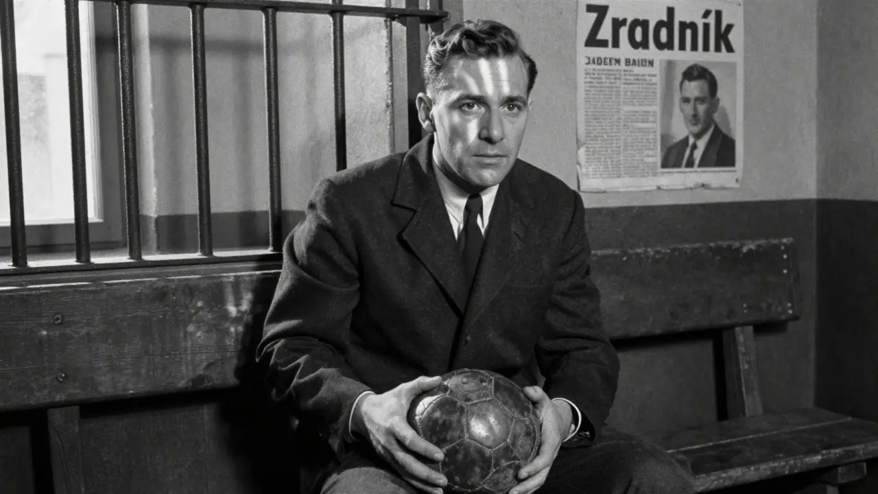 Josef Bican sedí v žaláři s fotbalovým míčem, na zdi je částečně viditelný novinový článek s obviněním.