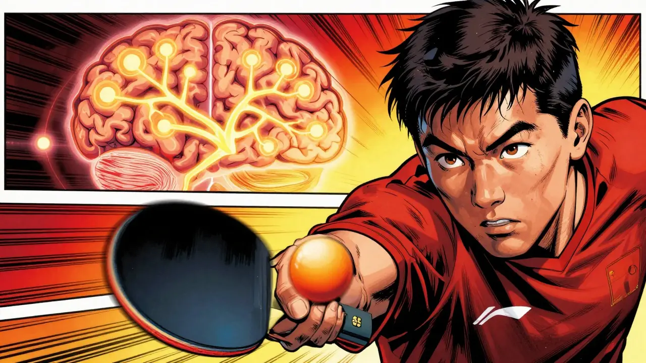 Komerční styl: hráč v akci, míček letí rychlostí 110 km/h, mozek svítí signály.