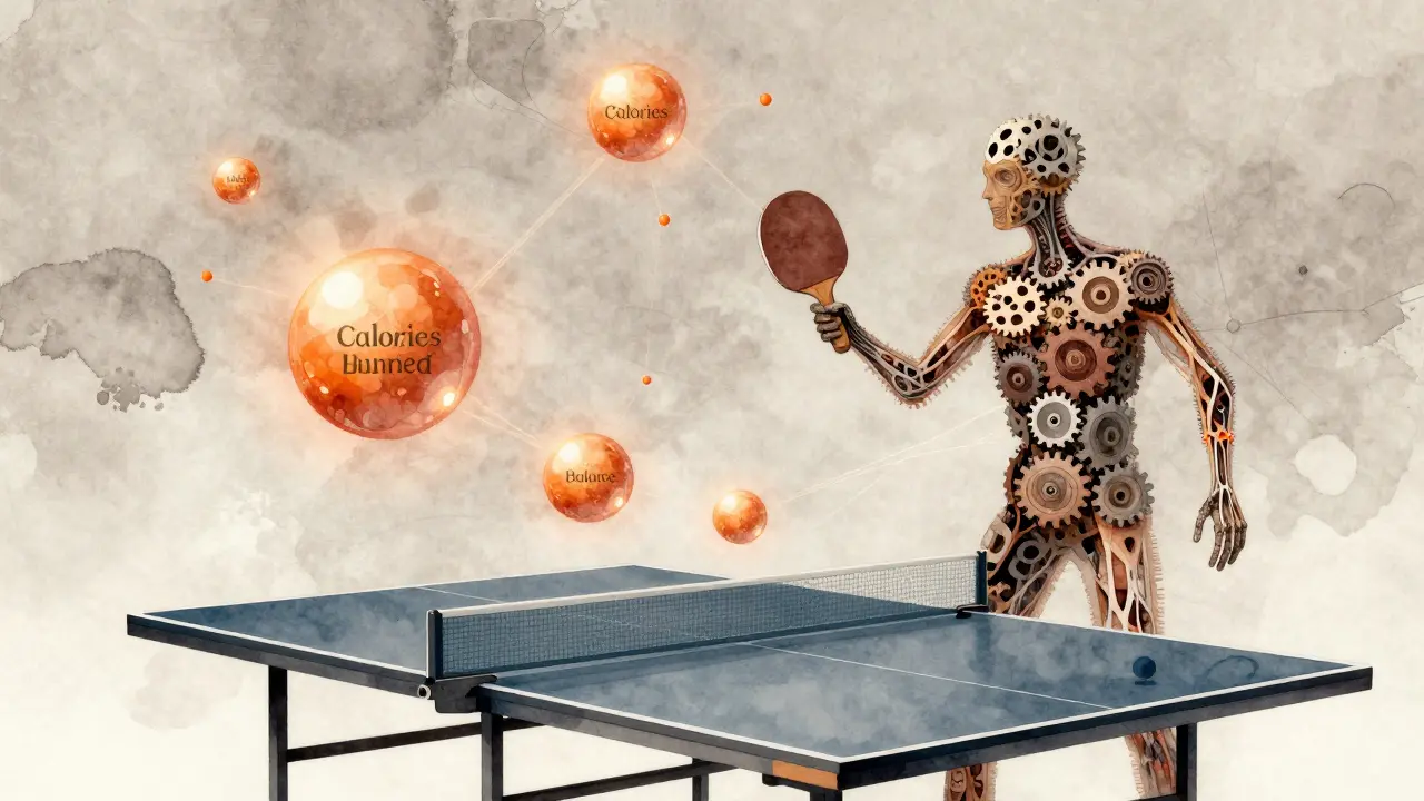 Koncepční obraz: postava z ozubených kol a neuronů hraje stolní tenis s významnými symboly.