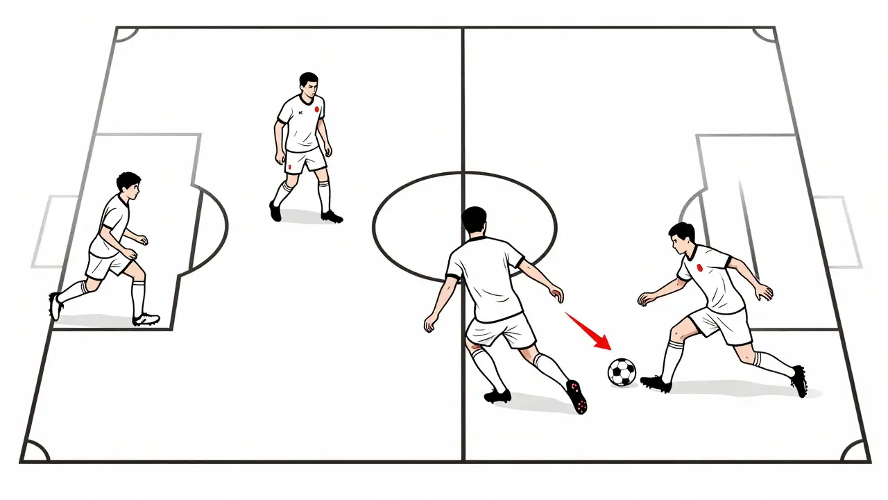 Konzepční vize fotbalového hřiště s přehledem pozic hráčů vůči čáře druhého posledního obránce a aktivní účasti.