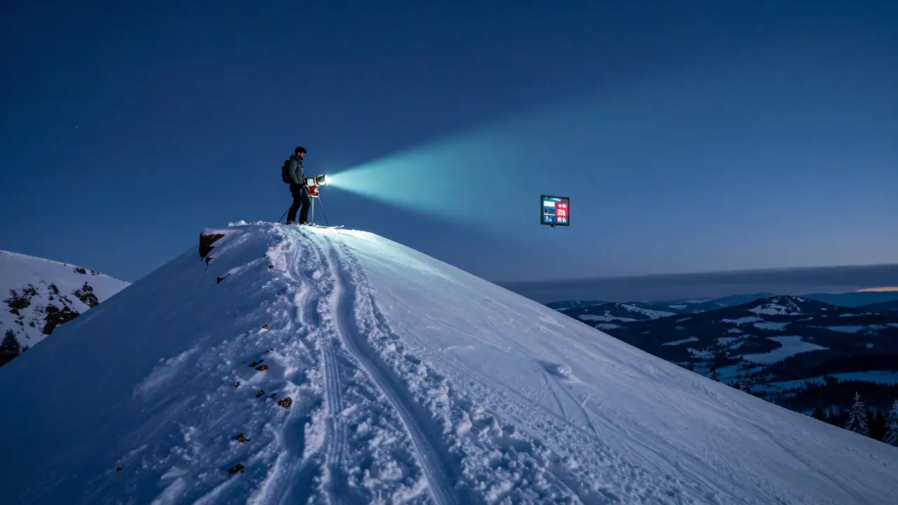 Lyžař na vrcholu Jáchymovské sjezdovky Černý vrch v soumraku s AI řízeným sněhovým kanónem na pozadí.