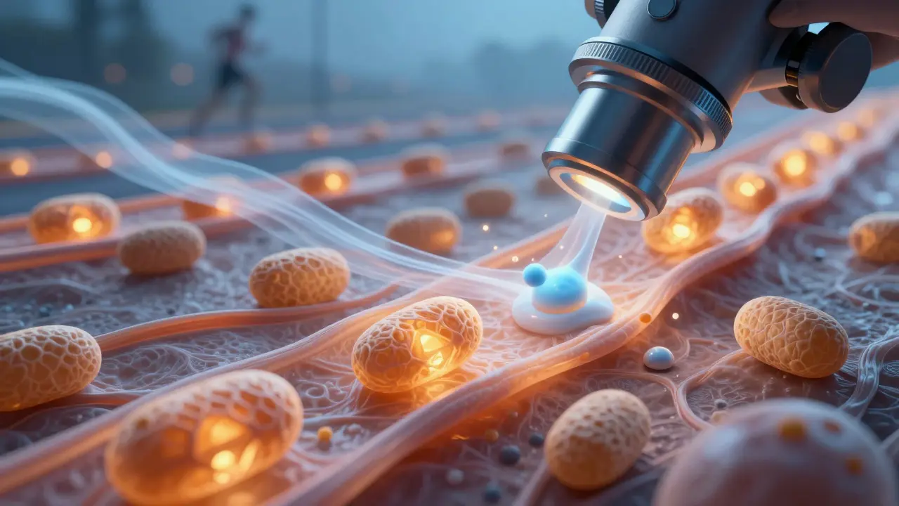 Microskopický pohled na svalové buňky s aktivními mitochondriemi, které využívají kyslík pro energii.