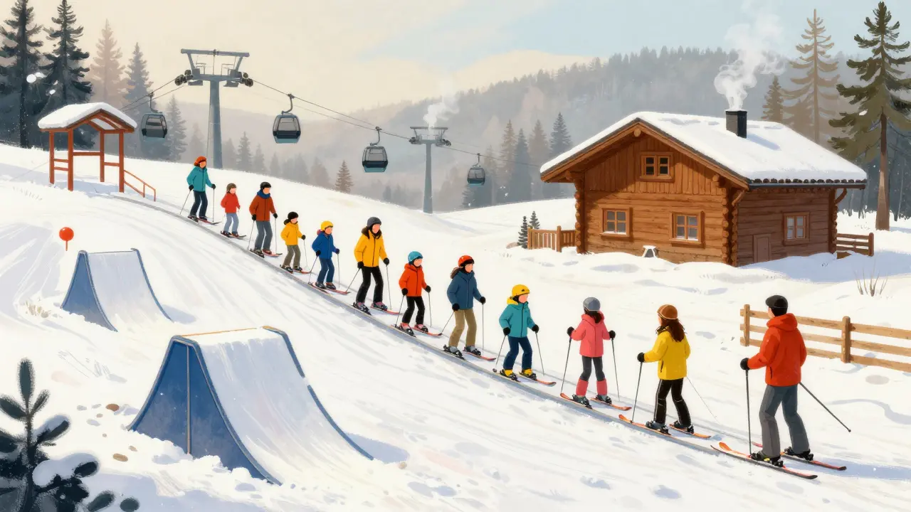 Rodina s dětmi na dětské lyžařské zóně v Liberci - Ještěd, s pásy a hřištěm v popředí.