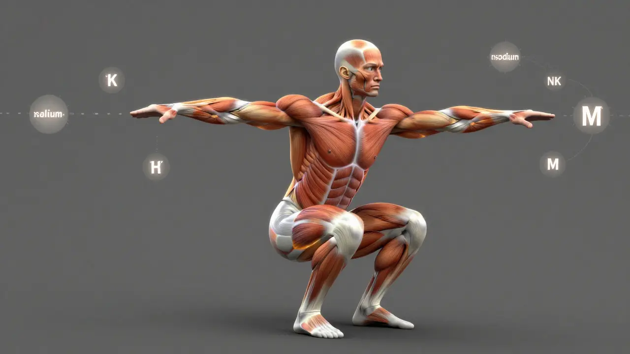 Ruka provádí pomalý dřep s viditelnými pulsy napětí v svalových vláknech a elektrolyty v okolí.