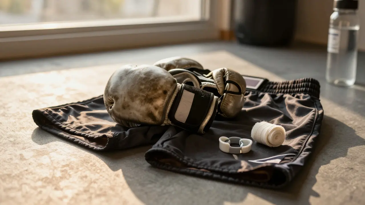 Staré MMA rukavice a šortky ležící na podlaze, symbolizující pravidelný trénink.