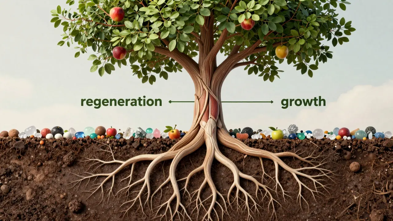 Strom s kořeny tvaru svalových vláken roste ze země složené ze spánku, bílkovin a elektrolytů.