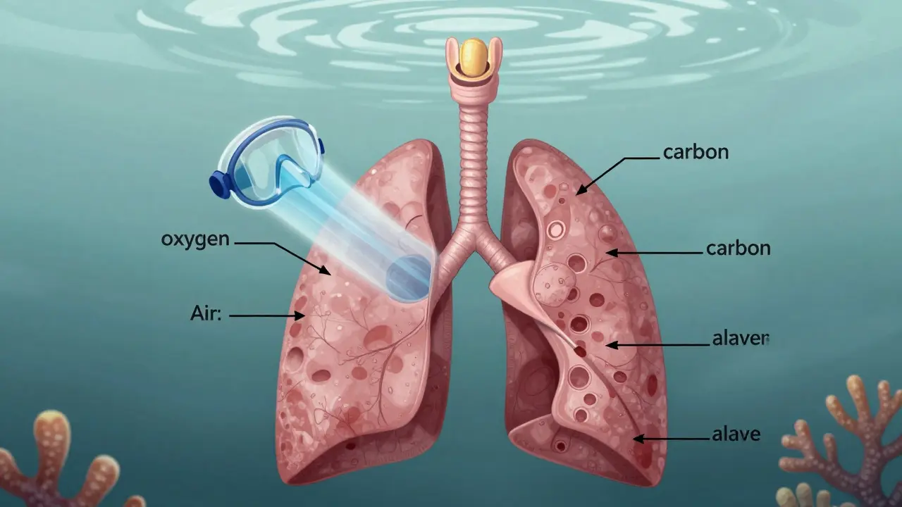 Vědecká ilustrace průběhu dechu přes šnorchl s anatomickými detaily plic a průchodem vzduchu.