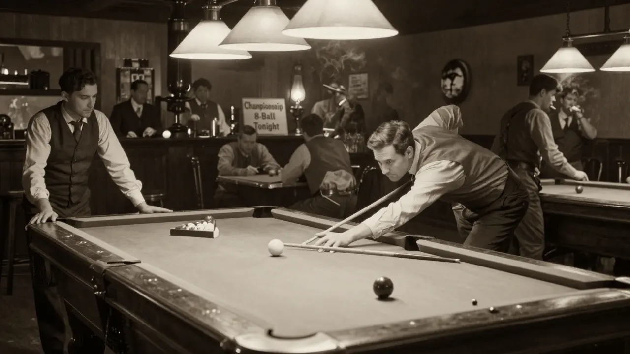 Američané hrají kulečník v hospodě v 19. století s plastovými koulemi a kapesními stoly.