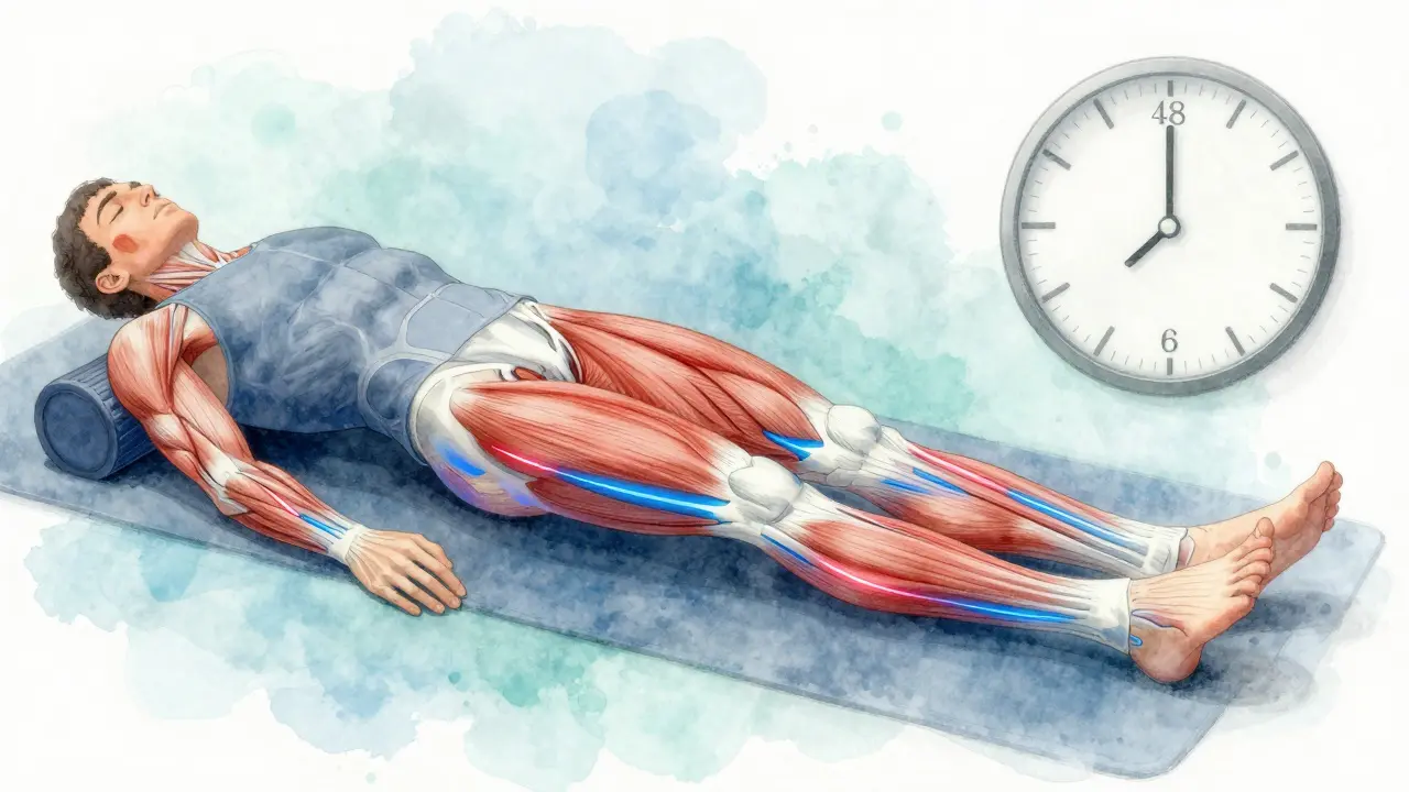 Anatomický náčrt nohy s označenými svaly a hodinami ukazujícími 48 hodin odpočinku.