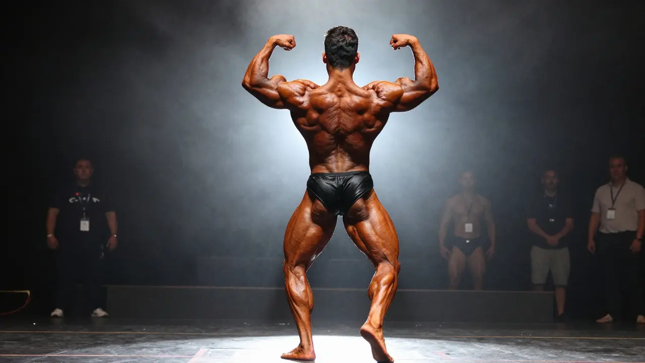 Atlet ukazuje svalovou definici při závěrečném hodnocení.