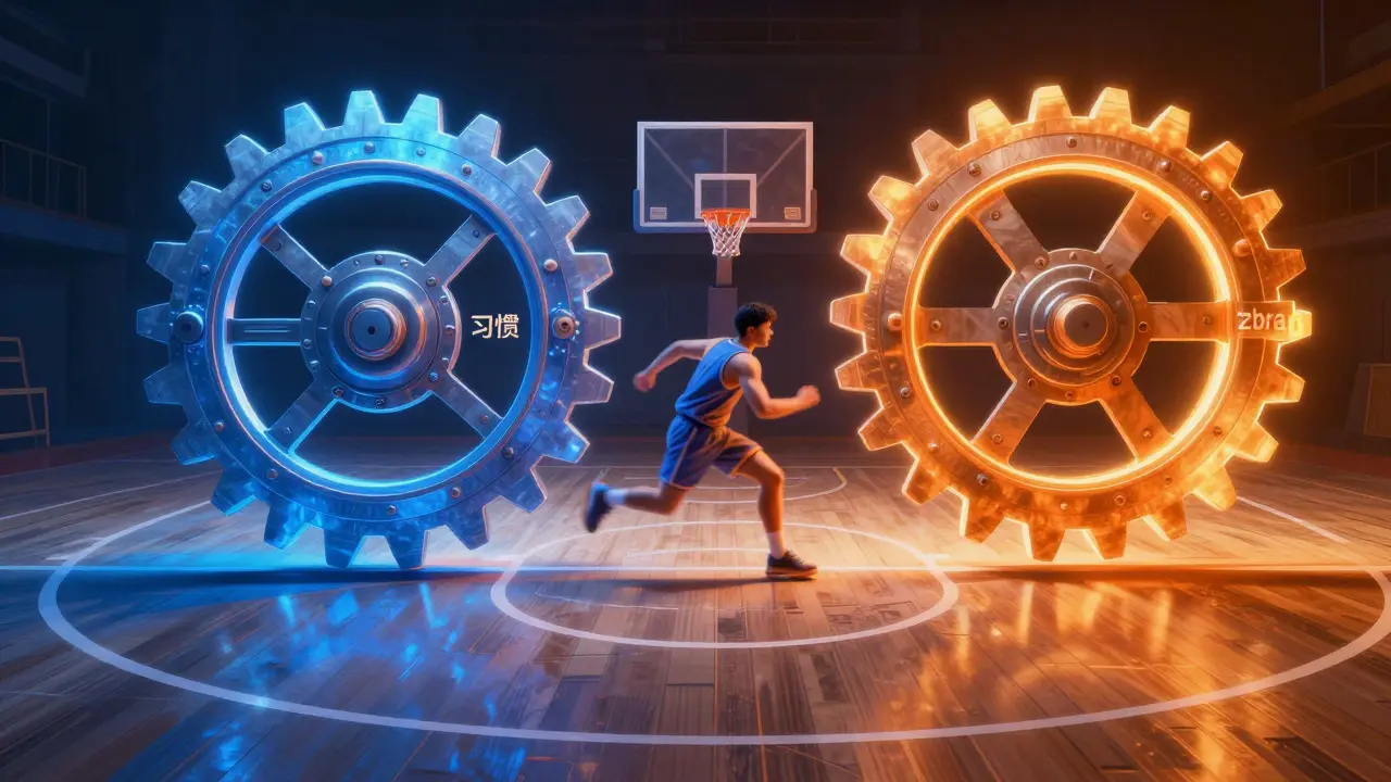 Basketbalové hřiště jako součást mechanismu, kde pravá a levá ruka představují habit a zbraň.