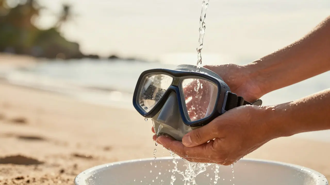 Čištění potápěčské masky ruce pod proudem čisté vody.