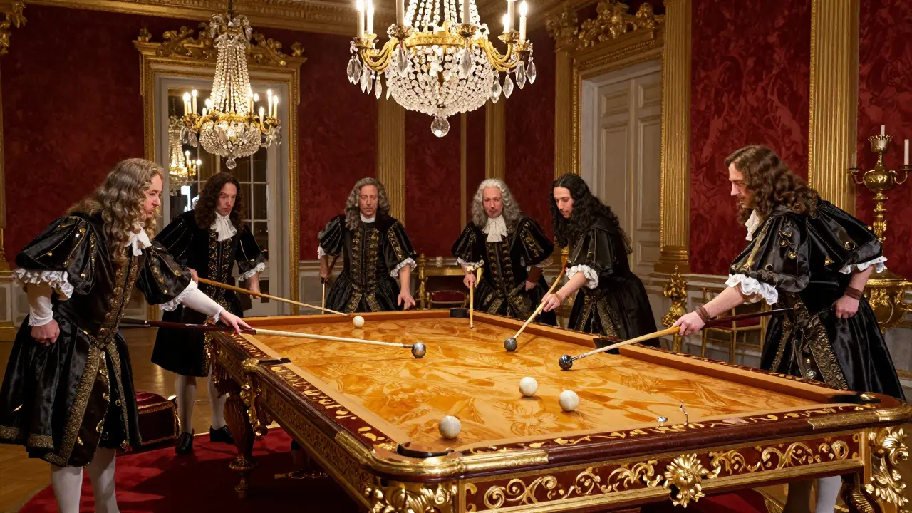 Francouzská šlechta hraje karambol na zdobeném bilardovém stole za vlády Ludvíka XIV.