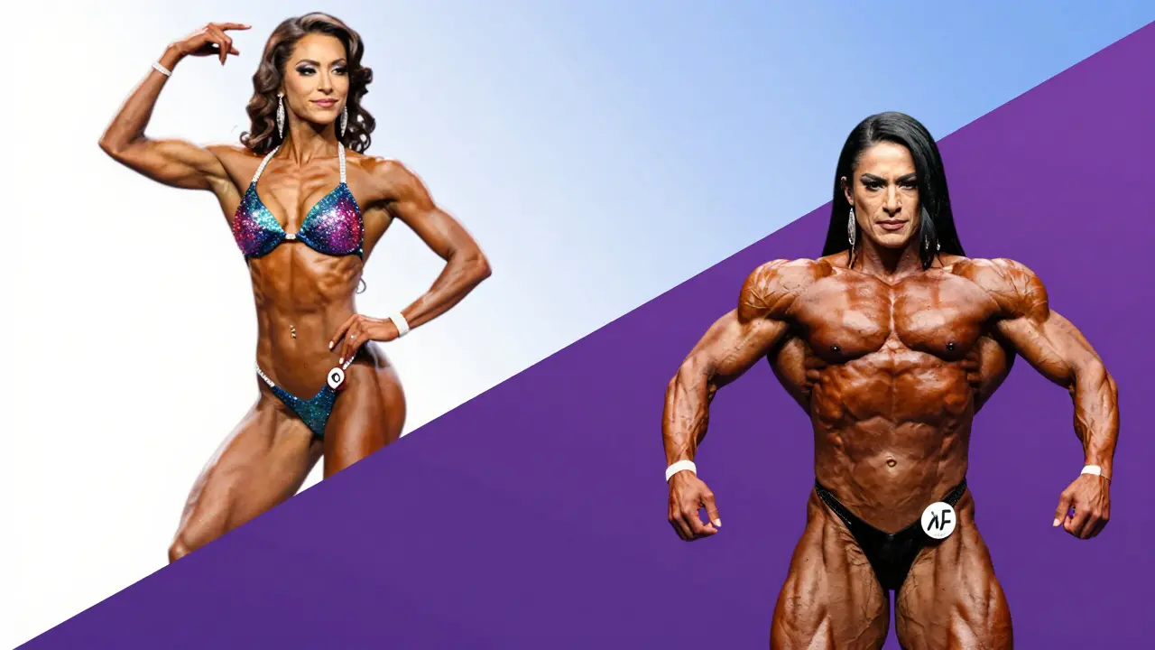 Ilustrace srovnávající vzhled žen v kategorii bikiní a kulturistika.