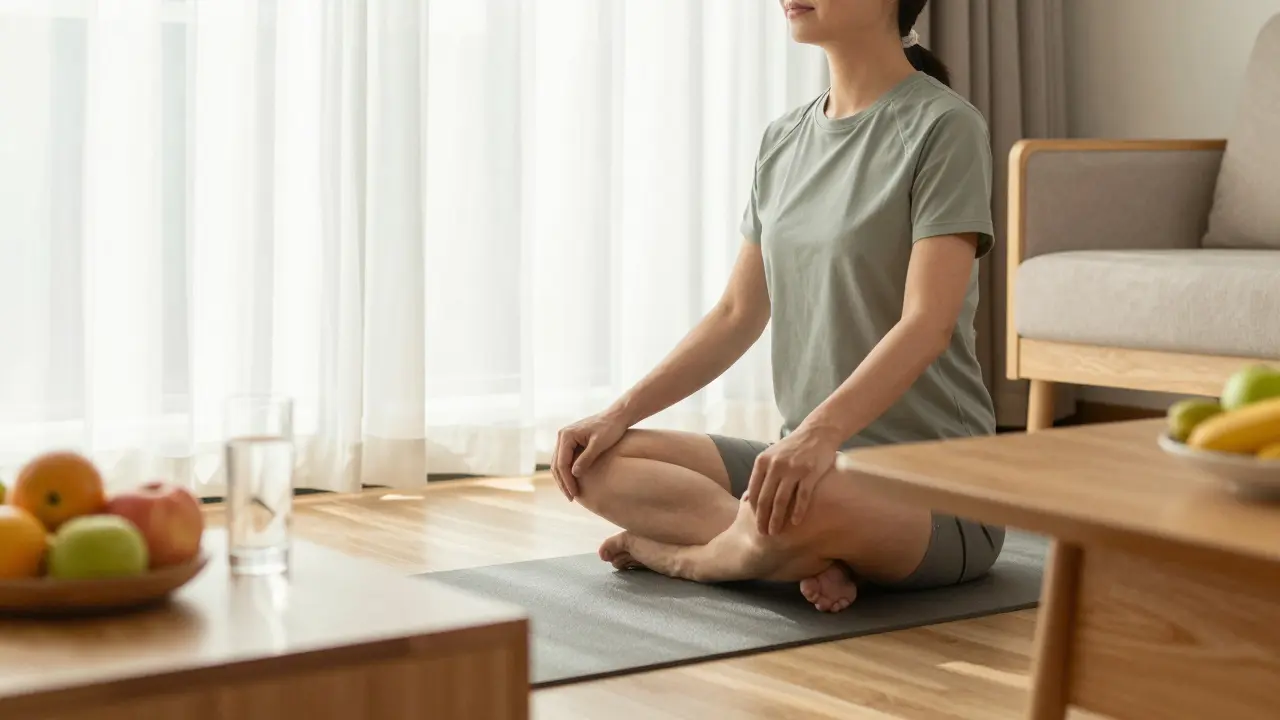 Klidná scéna regenerace se šetrným protahováním a zdravou stravou doma.