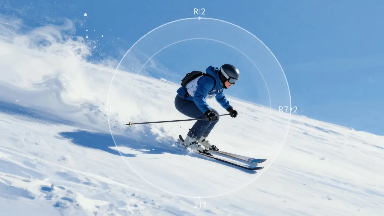 Lyžař v zatáčce s přehledem tří různých poloměrů závitu jako průhledné kruhy pod lyžemi.