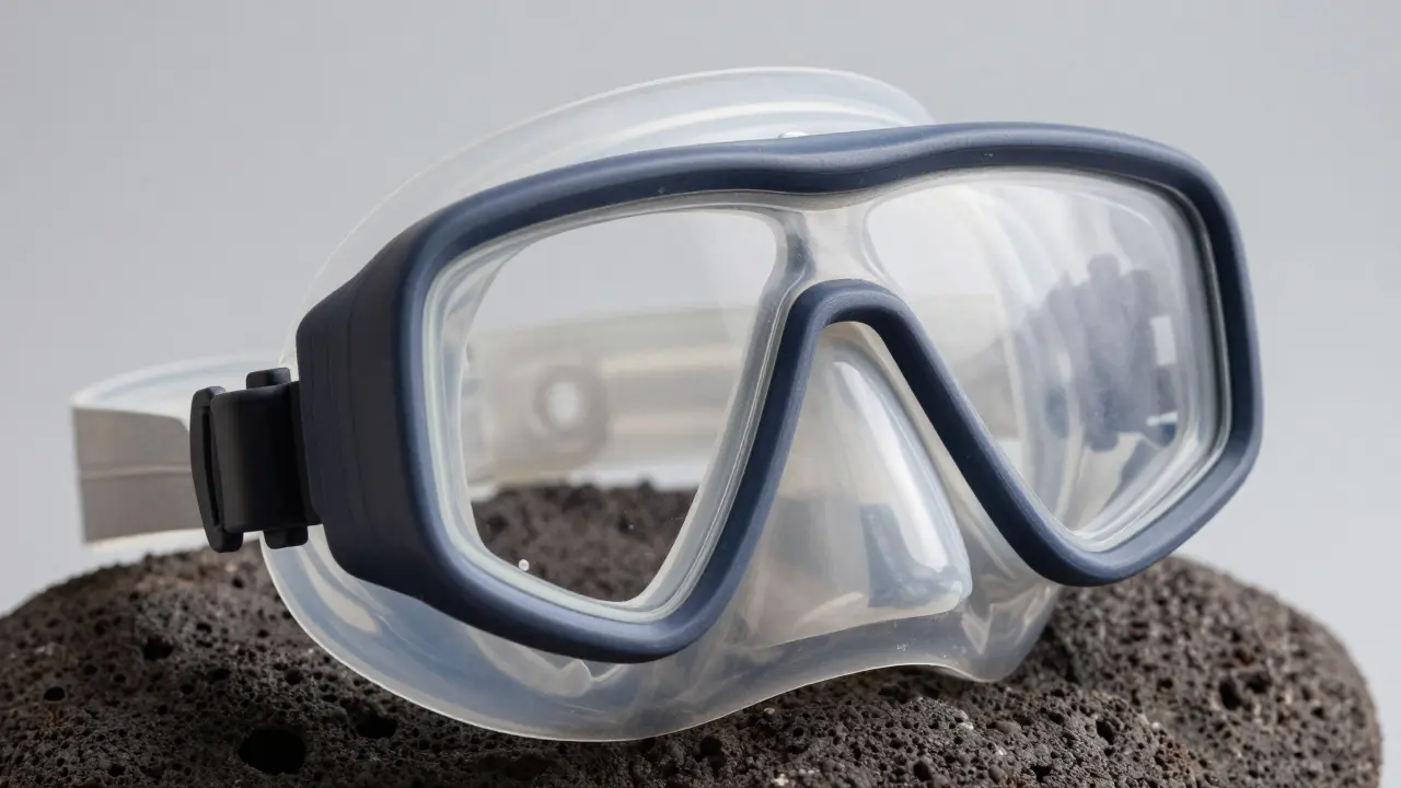 Makro detail kontrukce potápěčské masky se sklem a silikonem.
