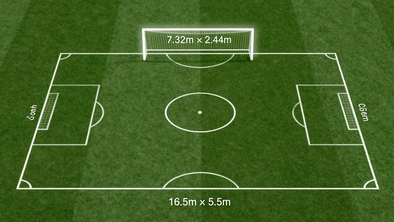 Minimální čárový náčrt fotbalové brány a trestné oblasti na zelené trávníkové ploše.