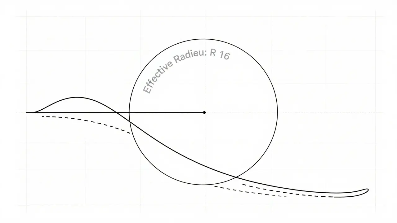 Technický výkres lyže s kruhovým obloukem naznačujícím efektivní poloměr závitu na střední části.