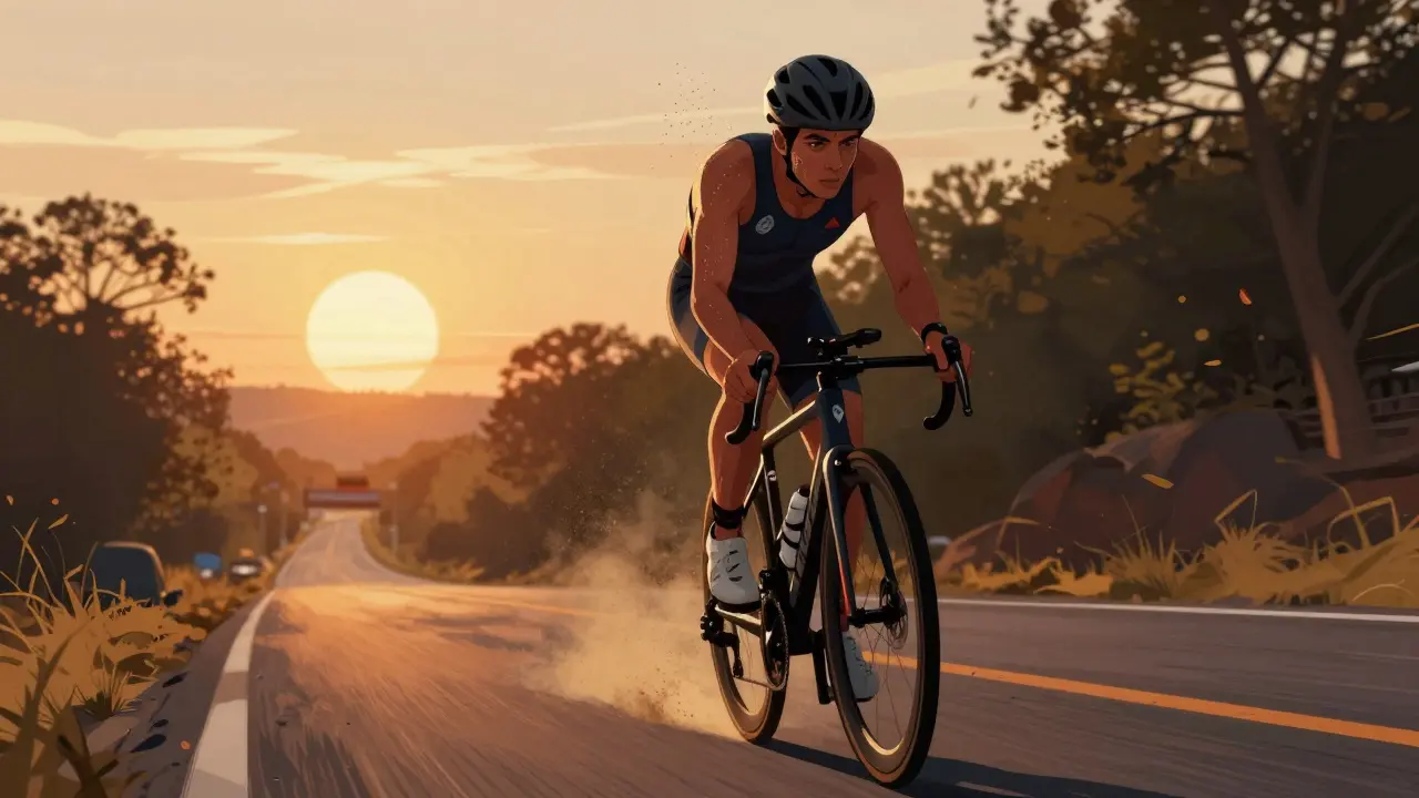 Triatlonista jízda na kole na kopcovité trase při západu slunce.