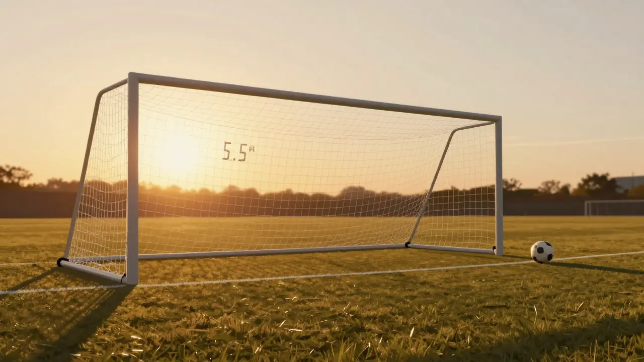 Západ slunce osvětluje fotbalovou bránu a přilehlou trestnou oblast na hřišti.