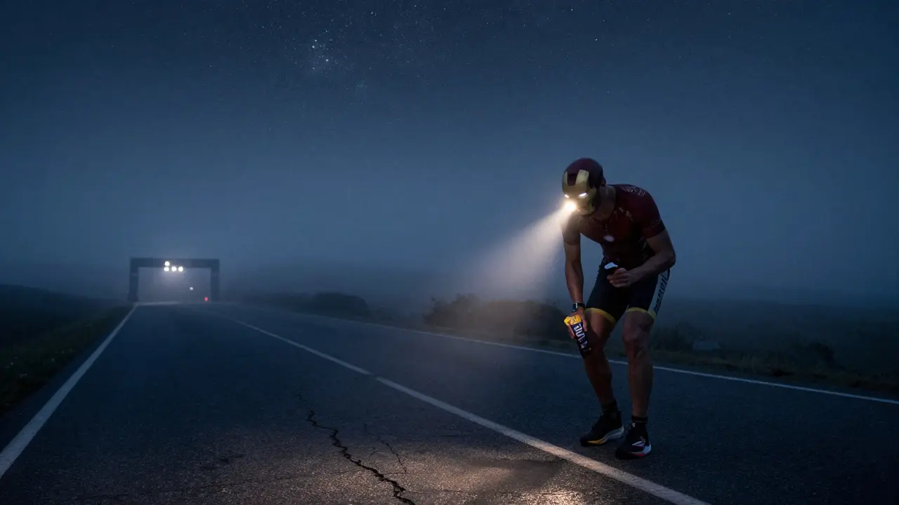 Závodník na posledních kilometrech maratonu v noci s hlavičkovým světlem.