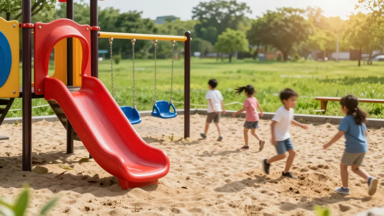 Barevné dětské hřiště s prolézačkami a rozlehlým trávníkem v pozadí.