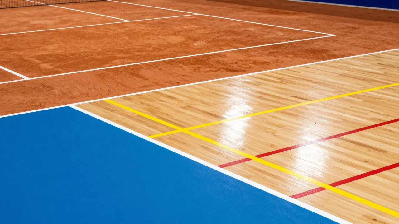 Detailní pohled na povrchy tenisového, basketbalového a badmintonového hřiště.