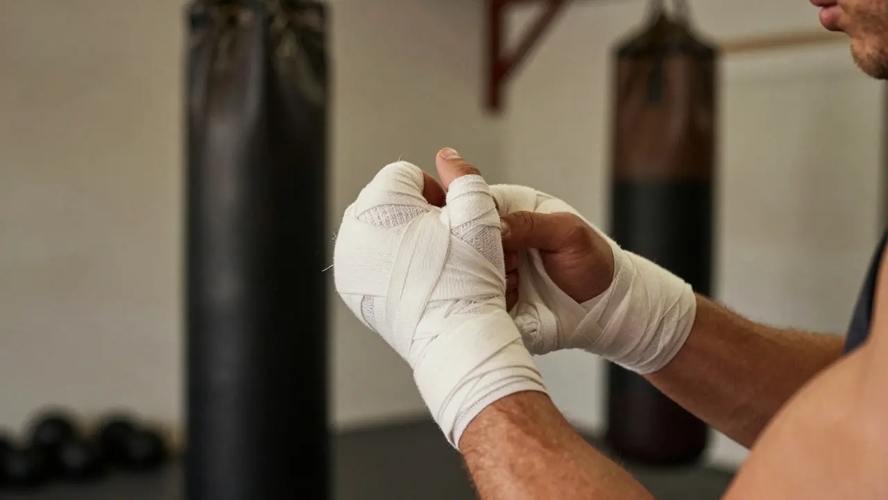 Detailní záběr na správně omotaný zápěstí boxéra v autentickém prostředí boxingového klubu.