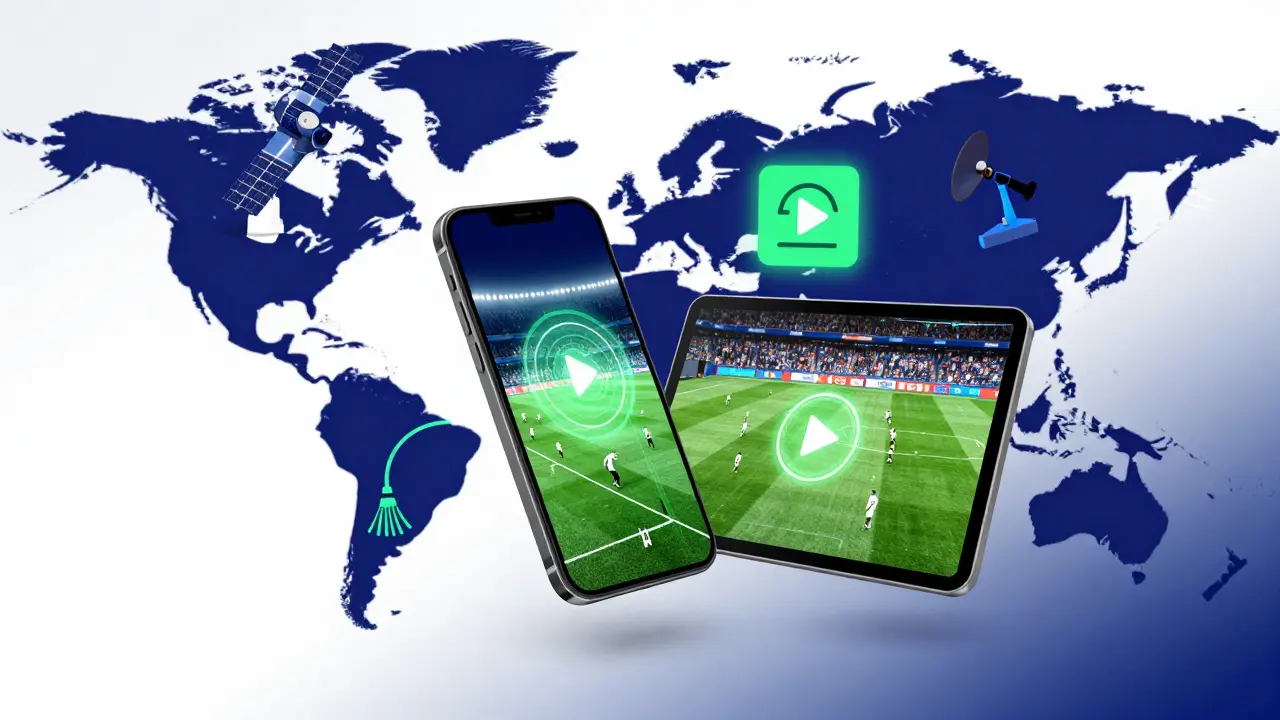 Digitální ilustrace mobilu a tabletu s fotbalovým streamem a technologickými ikonami