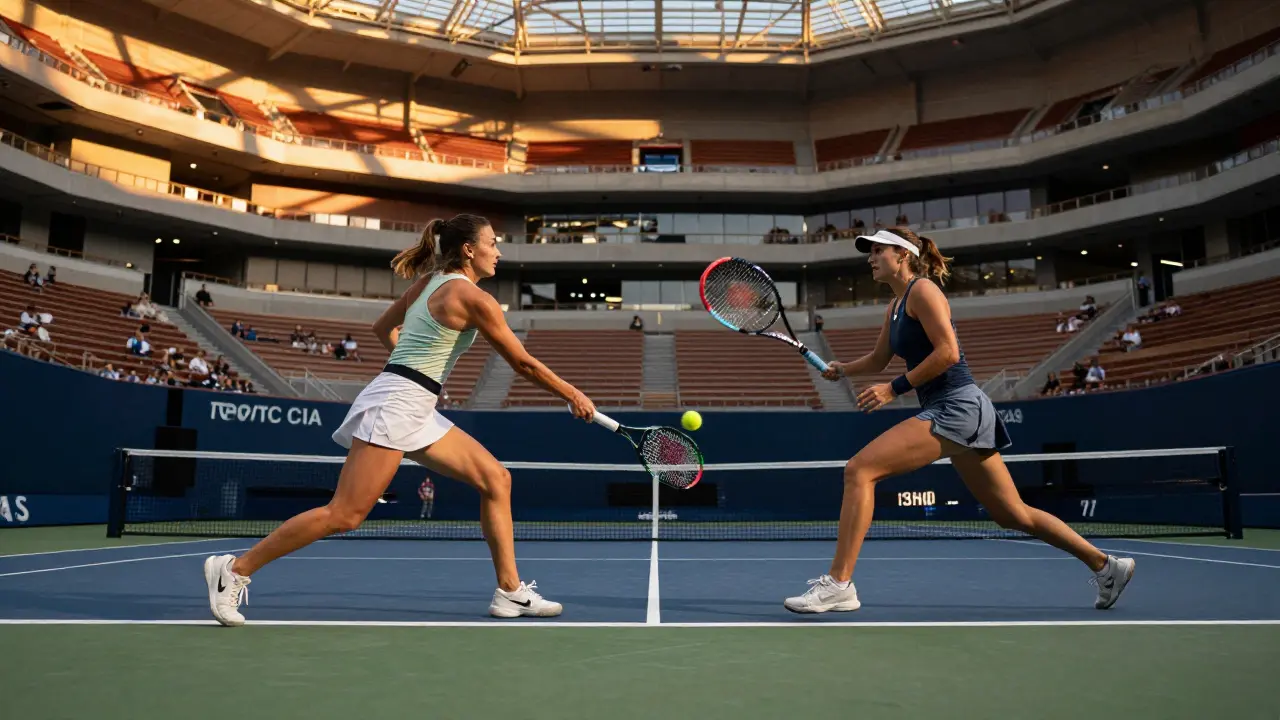 Dynamický zápas dvou profesionálních tenisniček v plné aréně.