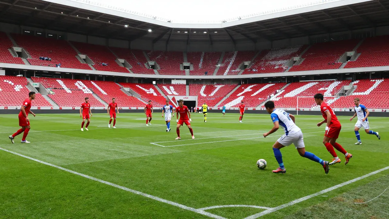 Dynamický zápas dvou velkých fotbalových týmů v plném moderním stadionu.