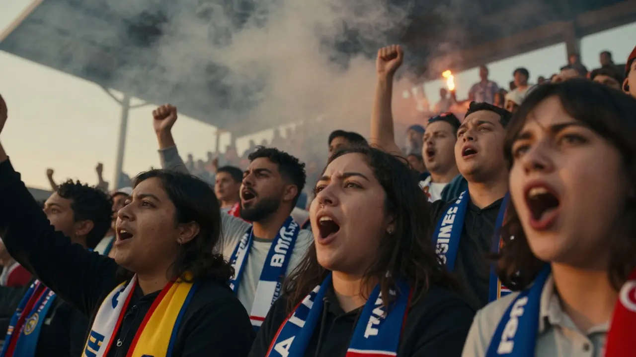 Emotivní záběr na vášnivé fotbalové fanoušky na tribuně stadionu.