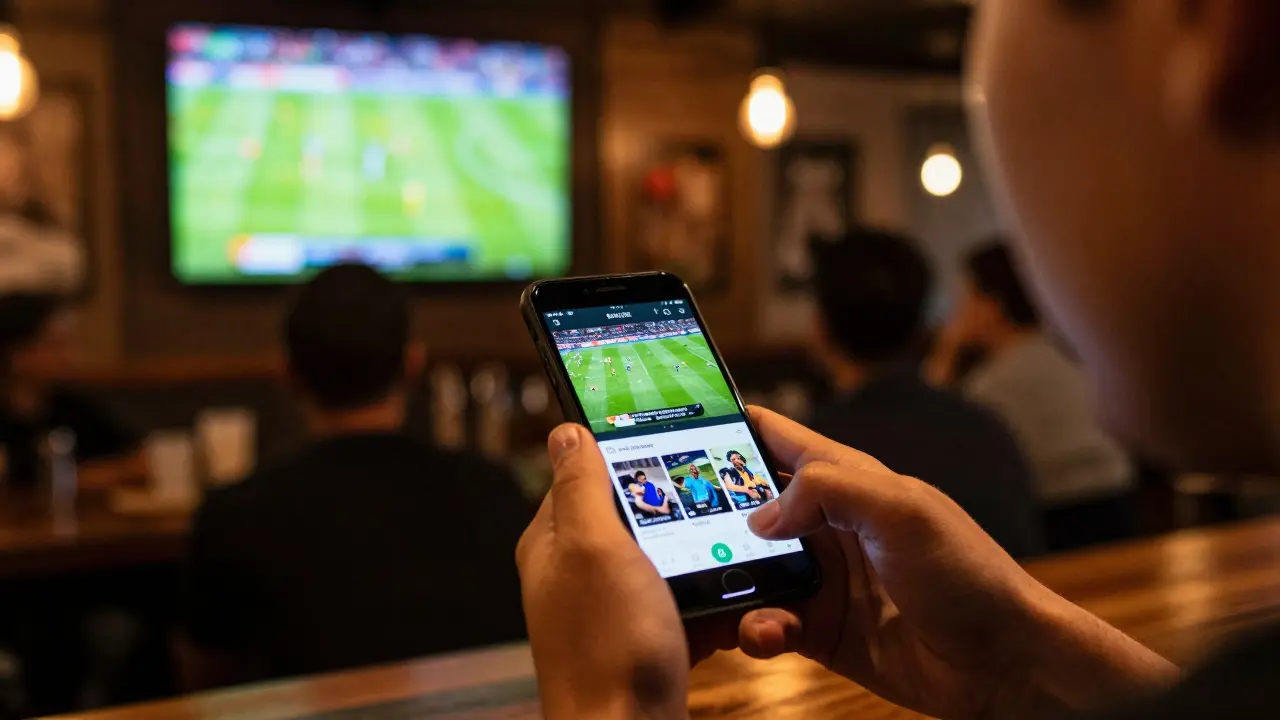 Fanoušek sleduje fotbalový přenos v mobilní aplikaci v zaplněném baru.