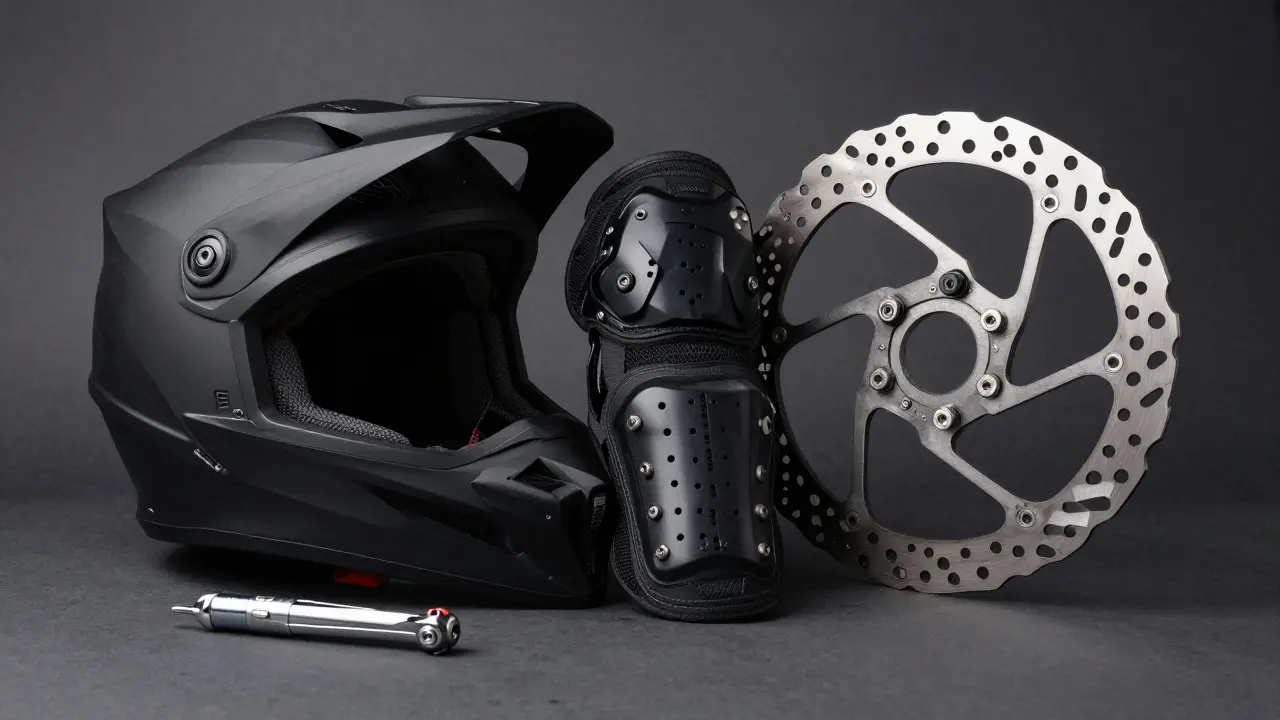 Full-face helma, chrániče kol a nářadí pro bezpečnou jízdu na enduro.