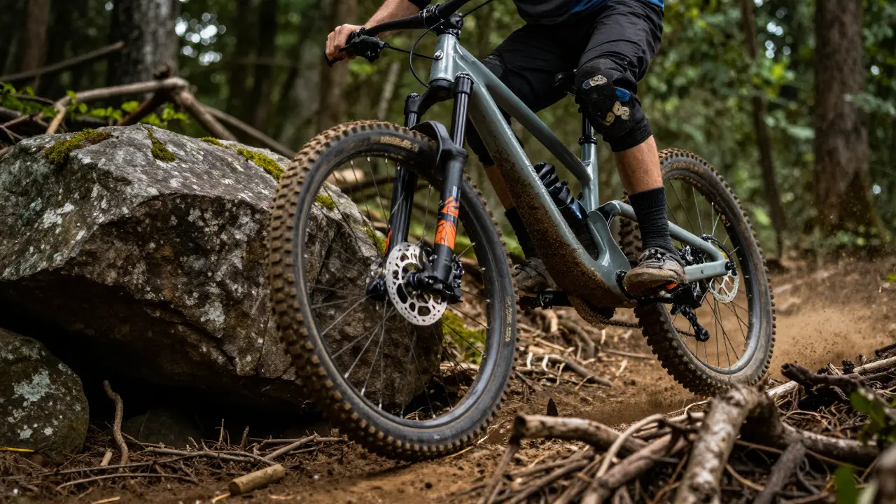 Jízda na enduro kole přes náročný terén s kořeny a kameny.