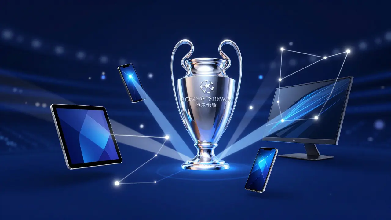 Konceptuální obraz trofeje Ligi mistrů obklopené digitálními zařízeními.