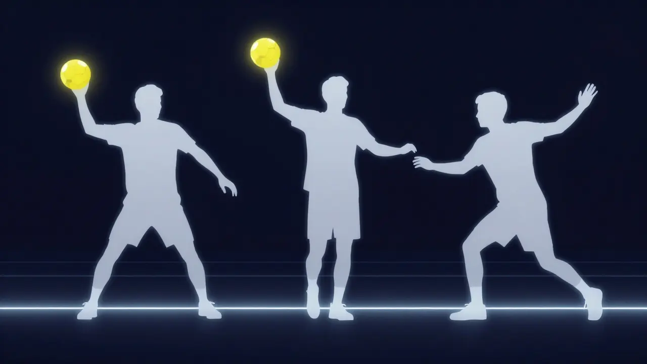 Konceptuální znázornění pravidla tří kroků při pohybu s míčem v házené.