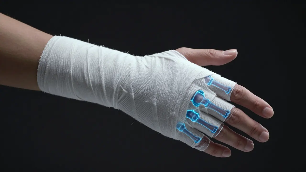 Konceptuální zobrazení stabilizace zápěstí a kloubů prstů pomocí dlouhé boxovací bandáže.