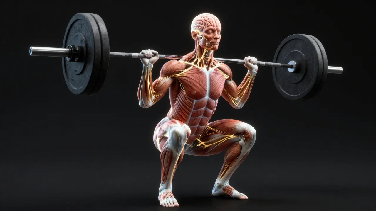 Konceptuální zobrazení svalů a nervového systému při provádění dřepu.