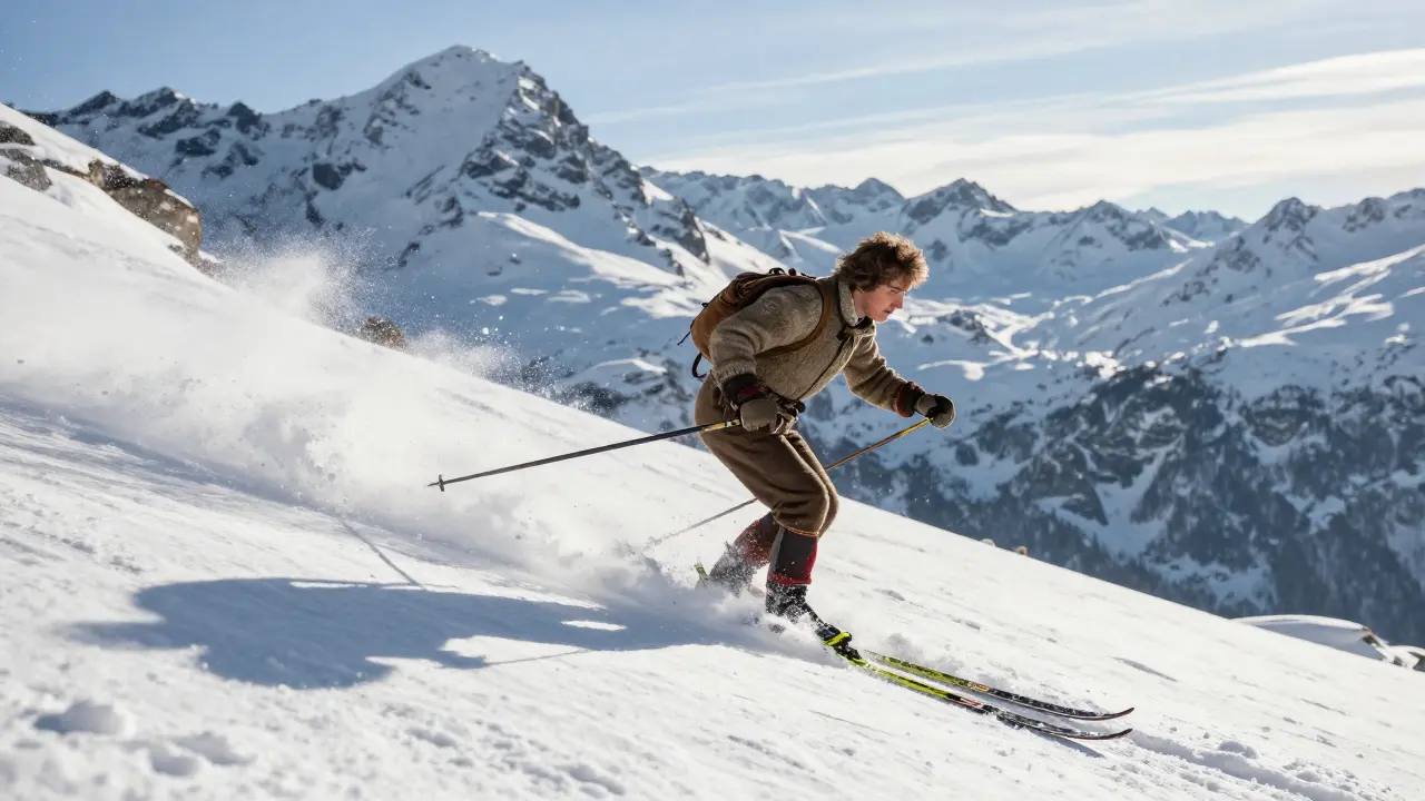 Norvský lyžař z 19. století sjezduje strmý zasněžený svah v Alpách.